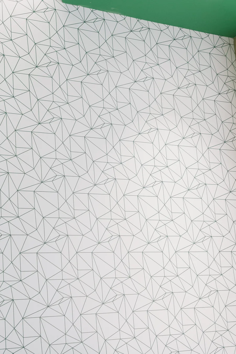 Detalle del mural de líneas geométricas sobre fondo blanco, con la franja verde del plafón en el borde superior